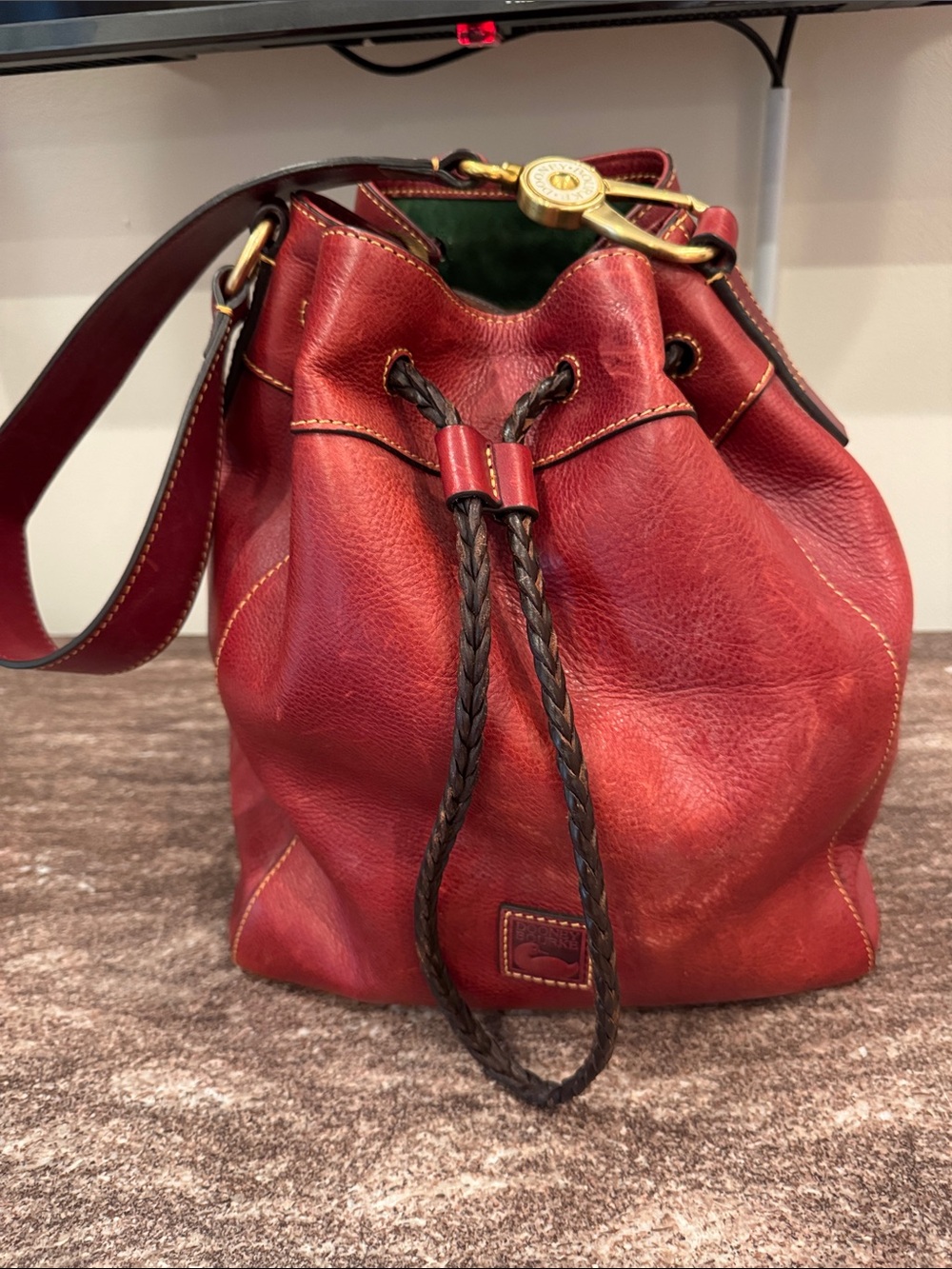 Dooney & Bourke Red Leather Drawstring Hobo with Gold-Tone Hardware